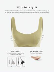 GLOWMODE FeatherFit™-Sculpt Push-Up Power Play Compressive Built-In Mesh Straps Removable Cups V-Back Demi Sports Bra Medium Impact Running Jogging Workout Gym Training Active Fall Winter - Olive Green - View 3