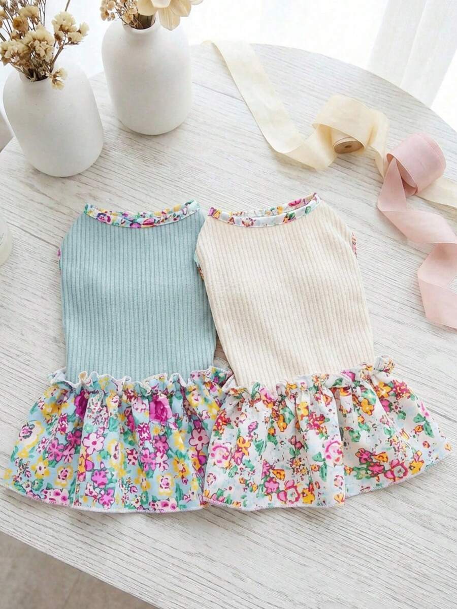 PETSIN 狗狗服装、猫咪服装、动物裙装、宠物春夏新品系列、幼犬连衣裙、公主风百搭连衣裙、条纹印花、小型动物服装、清凉防晒霜 - 彩色 - 查看 1