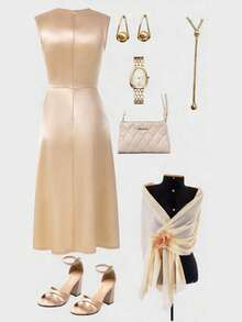 GlowEve Women's Elegant Solid Color Satin Ruched Waist Asymmetric Hem Dress - Apricot - View 2