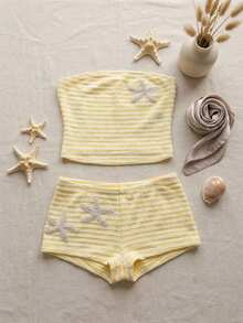 SHEIN PETITE New Summer Butter Yellow Beach Vacation Outfits Vacation Knit Tube Top Cropped Tank & Shorts Set Two Pieces Summer Sets 2 Pieces Sets Summer Summer Two Pieces Set 2 Pieces Summer Sets - Yellow - View 6