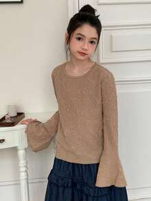 DAZY Kaos Anak Perempuan Remaja dengan Leher Bulat dan Bahan Renda, Model Lengan Mengembang Pas Badan, Musim Gugur - Khaki - View 3