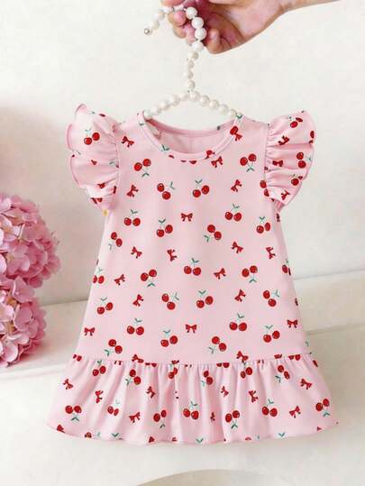 SHEIN Vestido de Manga Curta com Babado e Estampa de Coração para Meninas Bebê, Vestido Regata Fofo e Verão para Bebês Meninas