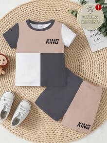 Bộ 2 món thời trang tối giản cho bé trai, áo thun cổ tròn tay ngắn in chữ KING và phối màu, kèm quần short cùng màu, thích hợp cho các hoạt động mùa hè. - Nhiều màu - Xem 3
