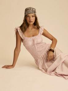 Aralina Robe longue évasée femme à encolure carrée, manches volantées, taille froncée et resserrée à la taille. Robe de mariage pour invitée, robe d'événement, robe de remise des diplômes, robe d'été, couleur rose - Rose pâle - Voir 1