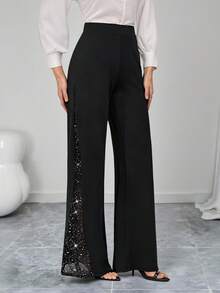 SHEIN Tall Ladies Elegant Mesh & Glitter Splice Black Slim Straight Leg Pants, Fit For Commuting, Casual And Daily Wear, Spring/Summer - Black - View 6