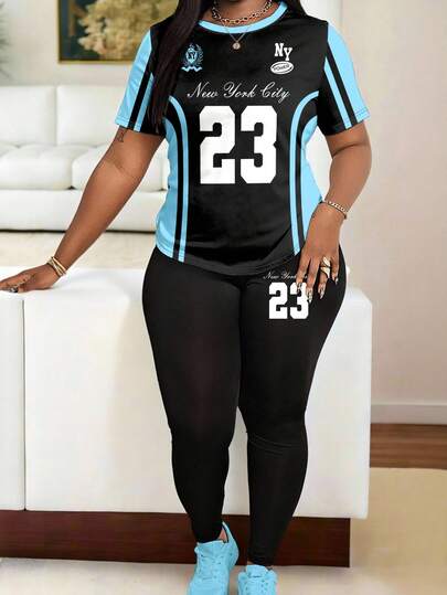 Maweii Women's Casual Fashion Creative #23 Slogan Print Short Sleeve Top And Skinny Pants Plus Size 2-Piece Set, Street Sports Style