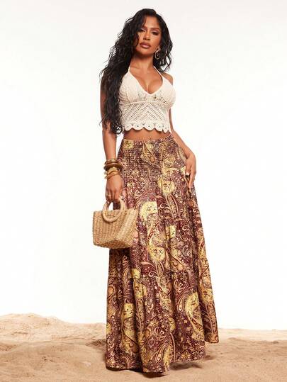 Radiana Bohemian Style Printed Low Waist Skirt, Paisley Pattern Long Dress, Vacation Skirt, Beach Dress, Loose Comfortable Casual Skirt, Suitable For Island Vacation, Beach, Holiday, Casual Outing, Party, Music Festival, Concert, Country Music Event