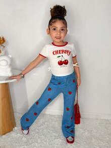 SHEIN 2pcs/Set Young Girl Casual Cute Sweet Round Neck Cherry Print Tight T-Shirt And Flared Pants Outfit - Red and White - View 4