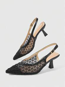 Sleekvia Nuevos tacones altos de mujer con punta puntiaguda, tacón de aguja, correa trasera, diseño de malla, sencillo, cómodo, versátil, elegantes tacones de trabajo - Negro grafito - Ver 3