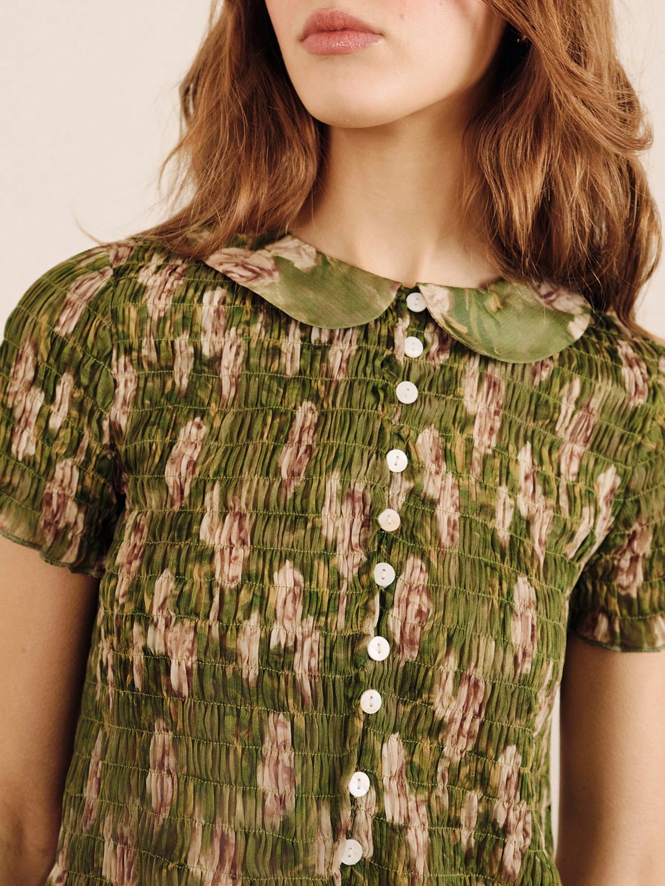 Green Short Sleeve Gathered Crop Top With Baby Doll Collar Spring Summer Vacation French Style Parisian Style Cute Top Going Out Office Cute Vintage Top