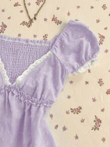 Elamini 女士提花深V领A字荷叶边常规款衬衫 - 紫色 - 查看 4