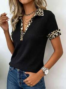Selamara Women's Leopard Print Patchwork Polo Collar Short Sleeve Ribbed T-Shirt, Spring/Summer - Black - View 5