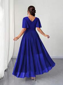 Elenzga Plus Size Women Chiffon Ruffle Sleeve V-Neck A-Line Dress, Simple Elegant Romantic Graceful Flowing - Royal Blue - View 2
