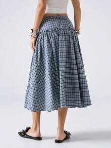 LYSMO 2026 New Arrive Minimalism Spring/Summer Women's Blue Dress Plaid Ruffle Hem Pleated Casual Mini Skirt, Going Out Outfits Ruffle Skirt Peplum Casual Outfit For Women Spring Outfit Women Summer Outfits Streetwear - Navy Blue - View 2