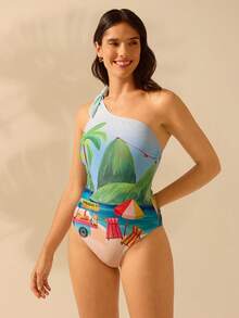 CAJUNI 1pc Women's Boho Print Vacation Casual Beach Halter One-Piece Swimsuit For Summer - Multicolor - View 1
