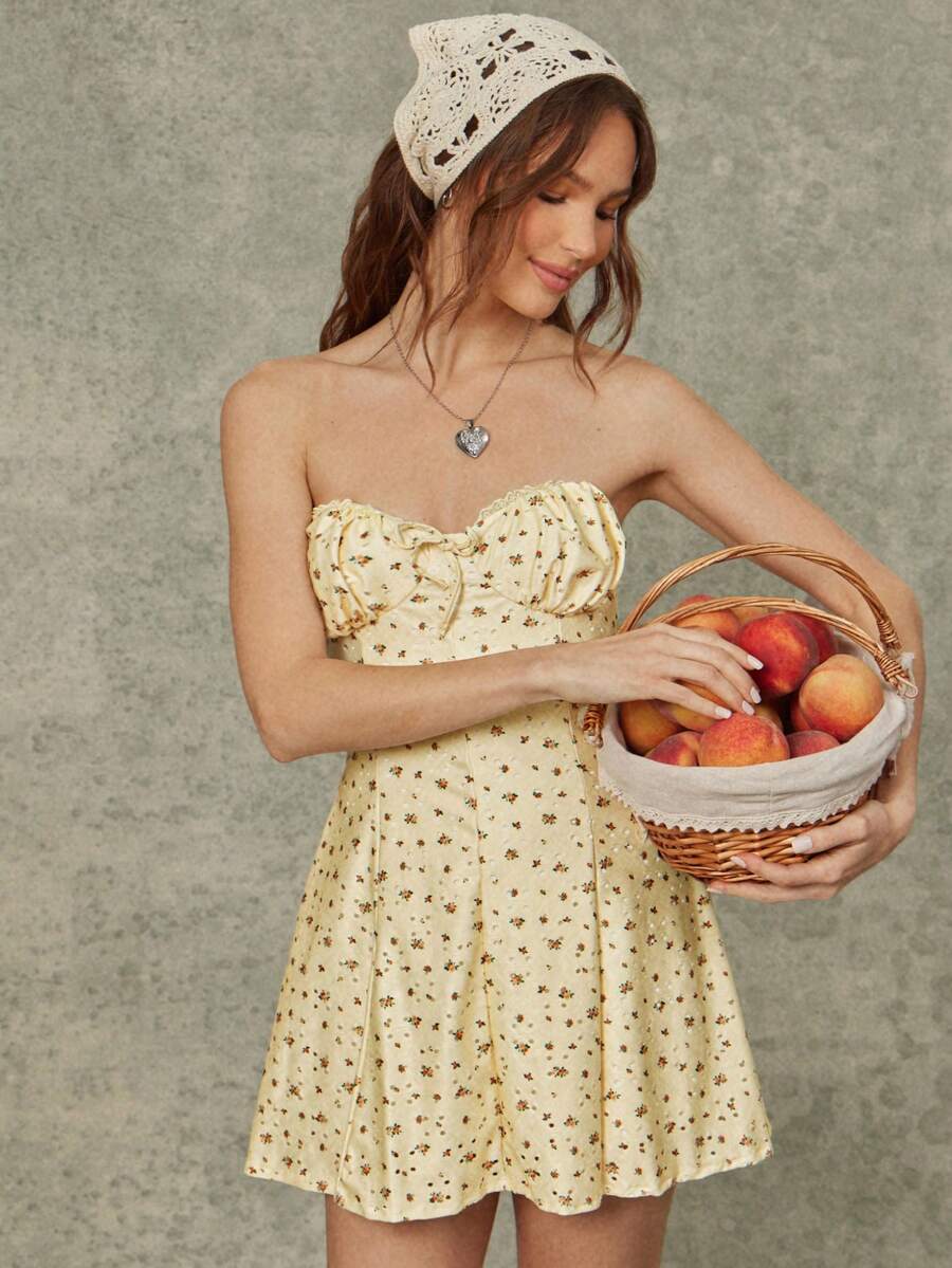 WESTFADE Floral Pointelle Knit Eyelet Strapless Tie Front Mini Dress Spring, Summer, Resort Wear, Casual, Coastal, Cowgirl, Boho, Farmers Market, Vacation, Beach, Festival, Western Wear, Nashville, Rodeo Outfit, Country Concert, Butter Yellow, Smocked - Yellow - View 1