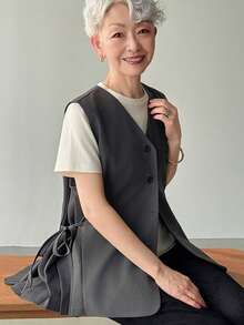 FRIFUL Women's Solid Color Tie-Up Bow Sleeveless Pleated Loose Casual Versatile Tank Top, Spring/Summer - Grey - View 8
