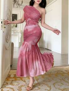 DAZY Đầm midi trễ vai xếp ly in hoa thanh lịch dành cho nữ, thích hợp cho mùa xuân/hè. - Hồng - Xem 8