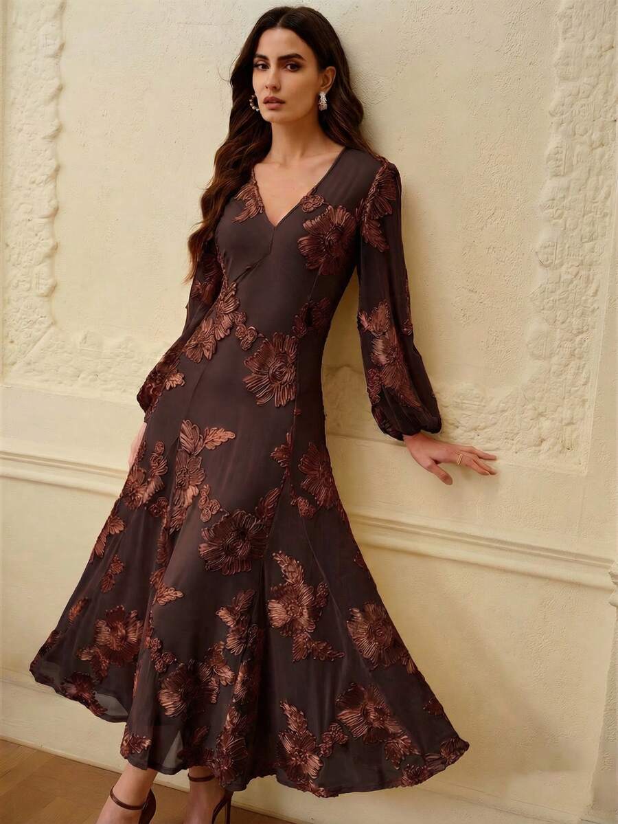ZEYLAH V-Neck Ruched Waist Fitted Flared Hem Cutout Floral Dress, Autumn/Winter - Coffee Brown - View 1