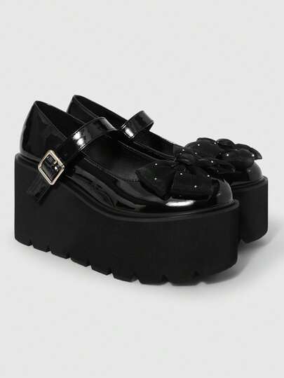 ROMWE Women's Shoes Fashion Platform Shoes - Casual Style Summer Punk Gothic Round Toe Bow Decorative Buckle Shoes - Comfortable And Simple Slip-On Women's Shoes