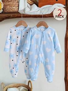 2-Pack Newborn Pajamas&Loungewear Set,Cute Blue Floral&Heart Print,Spring Summer Autumn,Black And White,Soft Skin-Friendly Fabric Button Lounge Wear - Blue - View 6