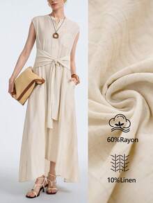 Aalyst Abito lungo elegante e alla moda da donna, stile bohémien casual per vacanze/lavoro, in stile vintage, comodo, in tessuto simile al lino con stampa tie-dye, collo rotondo, apertura frontale, vita con laccio, orlo ampio, con tasche - Albicocca - Visualizzare 4