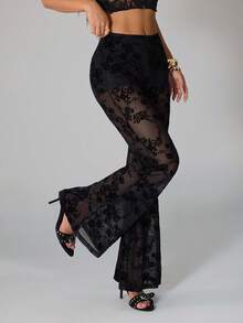 SHEIN PETITE Quần ống loe lưới xuyên thấu gợi cảm dành cho nữ, màu đen. - màu đen - Xem 9