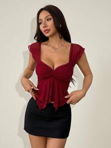 SHEIN PETITE Áo hai dây không tay dáng ôm, phối lưới, thắt dây sau lưng, kiểu dáng bồng bềnh, thích hợp cho nữ, kiểu dáng thường ngày đi nghỉ mát. - Màu Đỏ Sâu - Xem 2