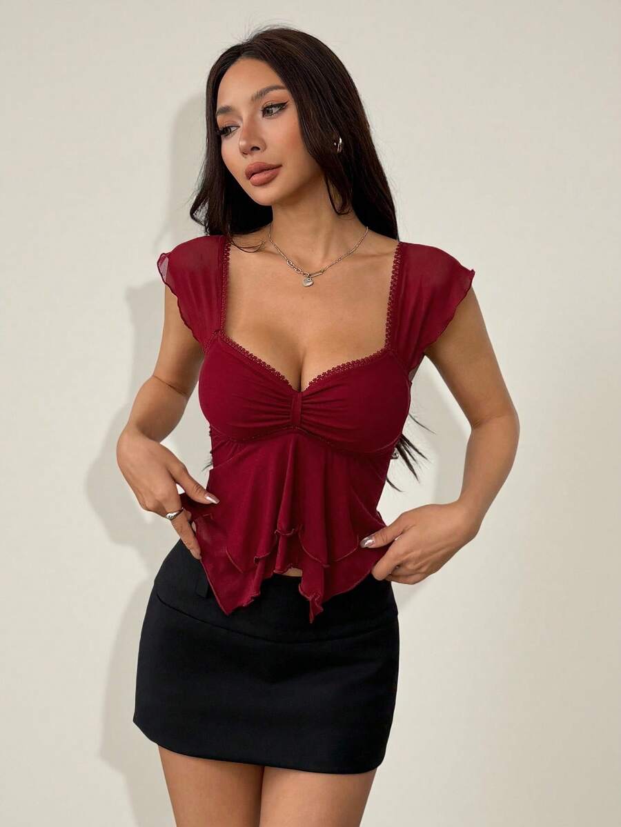 SHEIN PETITE Áo hai dây không tay dáng ôm, phối lưới, thắt dây sau lưng, kiểu dáng bồng bềnh, thích hợp cho nữ, kiểu dáng thường ngày đi nghỉ mát.