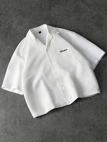 PAVTROS Men's Letter Print Single-Breasted Casual Short Sleeve Shirt - White - View 1