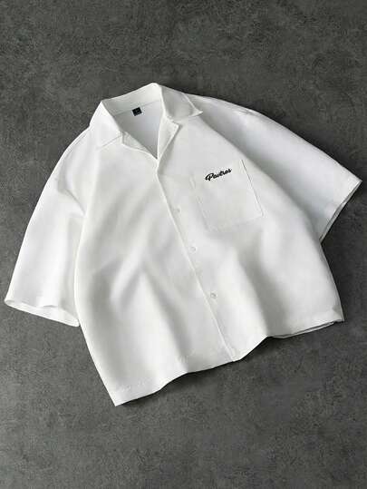 PAVTROS Men's Letter Print Single-Breasted Casual Short Sleeve Shirt