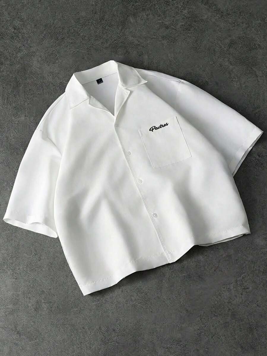 PAVTROS Men's Letter Print Single-Breasted Casual Short Sleeve Shirt - White - View 1