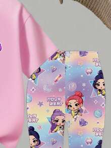SHEIN 2pcs/Set Young Girl Casual Fashionable Creative Personalized Refreshing Minimalist Cute Virtual Girl Group Cartoon Character Colorful Star Moon Diamond Heart Gradient Print Short T-Shirt And Leggings Outfit, Comfortable Daily Wear, Suitable For Spring, Summer, Autumn - Multicolor - View 7
