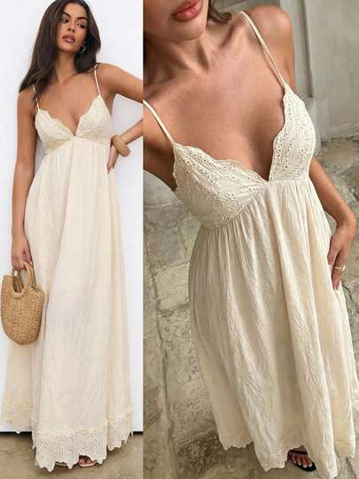 Aloruh Elegante vestido de estilo bohemio para vacaciones con tirantes finos, escote en V profundo, espalda descubierta, ropa de verano para mujer, ropa de playa de verano, ropa de resort de playa bohemia tropical, vestido para invitada de boda, vestido para despedida de soltera, vestido blanco grácil, digno y etéreo para brunch, ropa de resort para mujer, vestido de playa para mujer, vestido de verano para mujer