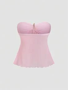 Sunnyshic Y2K Sexy Ruffle Hem Cropped Camisole Top, Versatile For Vacation - Pink - View 2