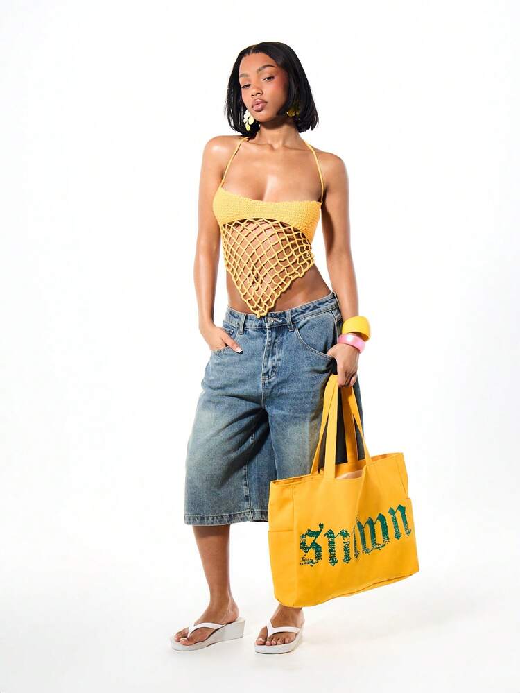 밝은 노란색 캔버스 토트백, 녹색 빈티지 텍스트 프린트, 대용량 쇼핑 비치 여름 핸드백 숄더백