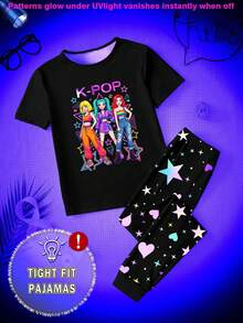 Tween Girls Glow-In-The-Dark Pajama Set, Black Short Sleeve Top With Girl Group Print And Black Leggings With Star & Heart Print, Tight Fit Style Runs Small, Recommend Sizing Up - White - View 3