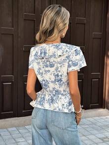 Pariaura 女士印花荷叶边系带时尚衬衫，适合度假，夏季优雅系带上衣 - 藍色 - 查看 2