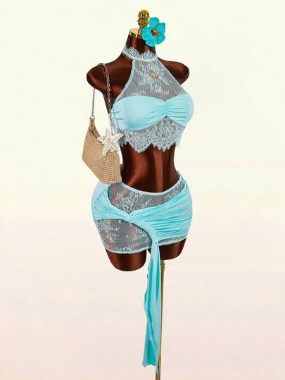 Amplova Women's Lace Halter Backless Sexy 2-Piece Set, Featuring Cup Details, Suitable For New Year Party Date, Cute Purity Strap Details Mini Skirt Halter Backless Top 2-Piece Set