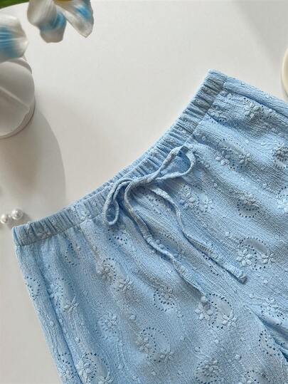 Sunnyshic Women's Casual Vacation Blue Textured Jacquard Hollow-Out Embroidered Loose Wide-Leg Pants, Versatile For Home, Beach, Resort In Summer