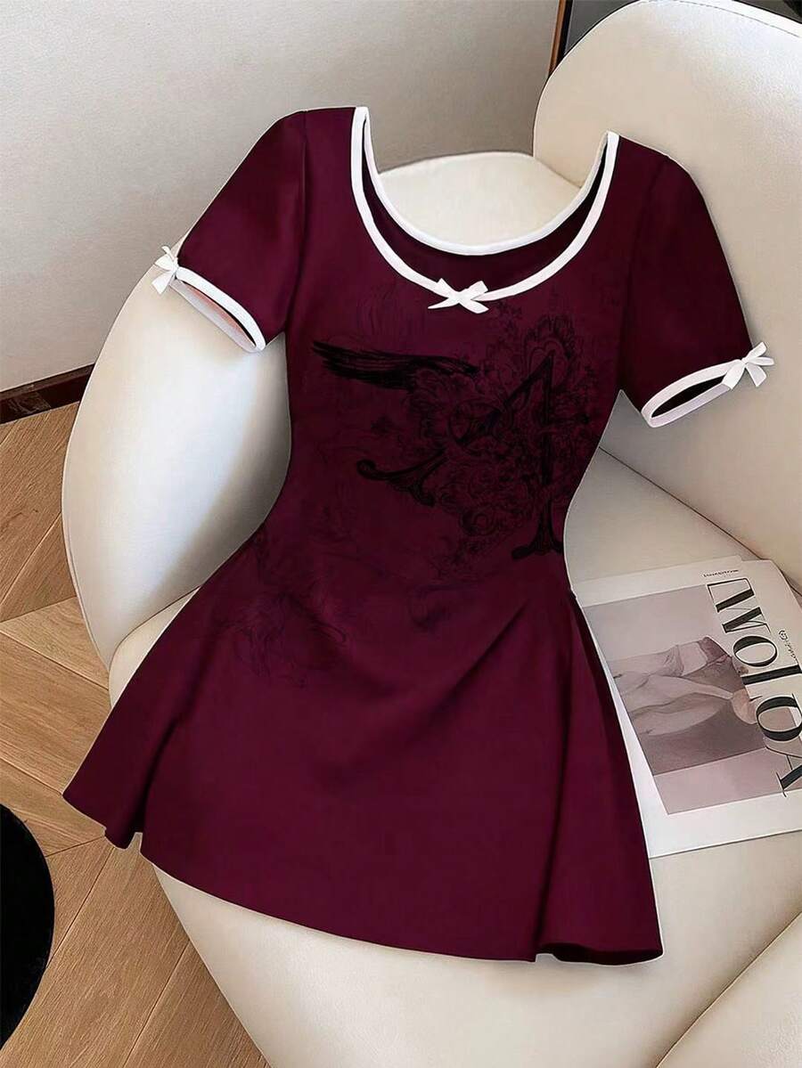 SHEIN Váy dài tối giản họa tiết bướm phong cách Gothic, quà tặng cho bạn bè - Màu Đỏ Sâu - Xem 1