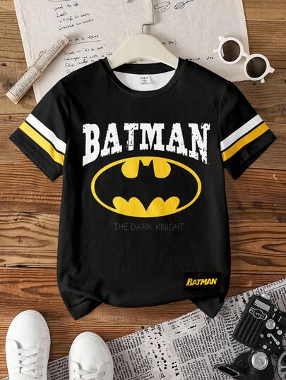 BATMAN X SHEIN 青少年男童圆领短袖休闲T恤，带图案