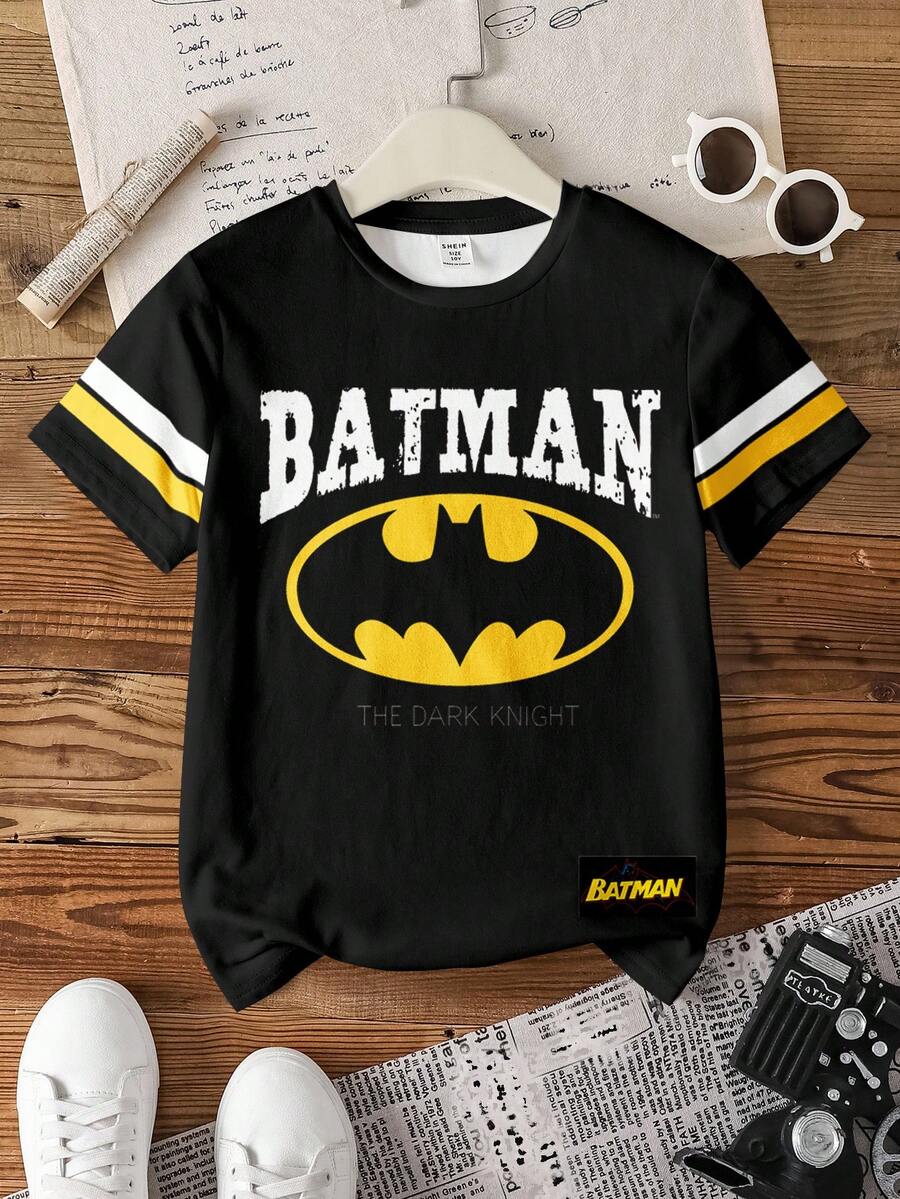 BATMAN X SHEIN 青少年男童圆领短袖休闲T恤，带图案 - 白色 - 查看 1