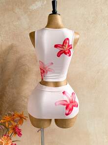 Soleia 2 piezas Conjunto de mujer con estampado floral sin mangas, casual y cómodo para el verano, versátil - Multicolor - Ver 2