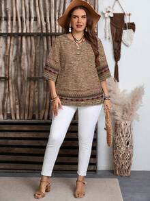 EMERY ROSE 女士几何图案拼接七分袖休闲衬衫 - 彩色 - 查看 4