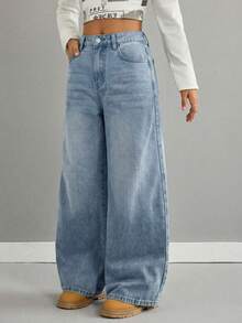 SHEIN Girls' Retro Blue Loose Low-Waist Jeans - Light Wash - View 5