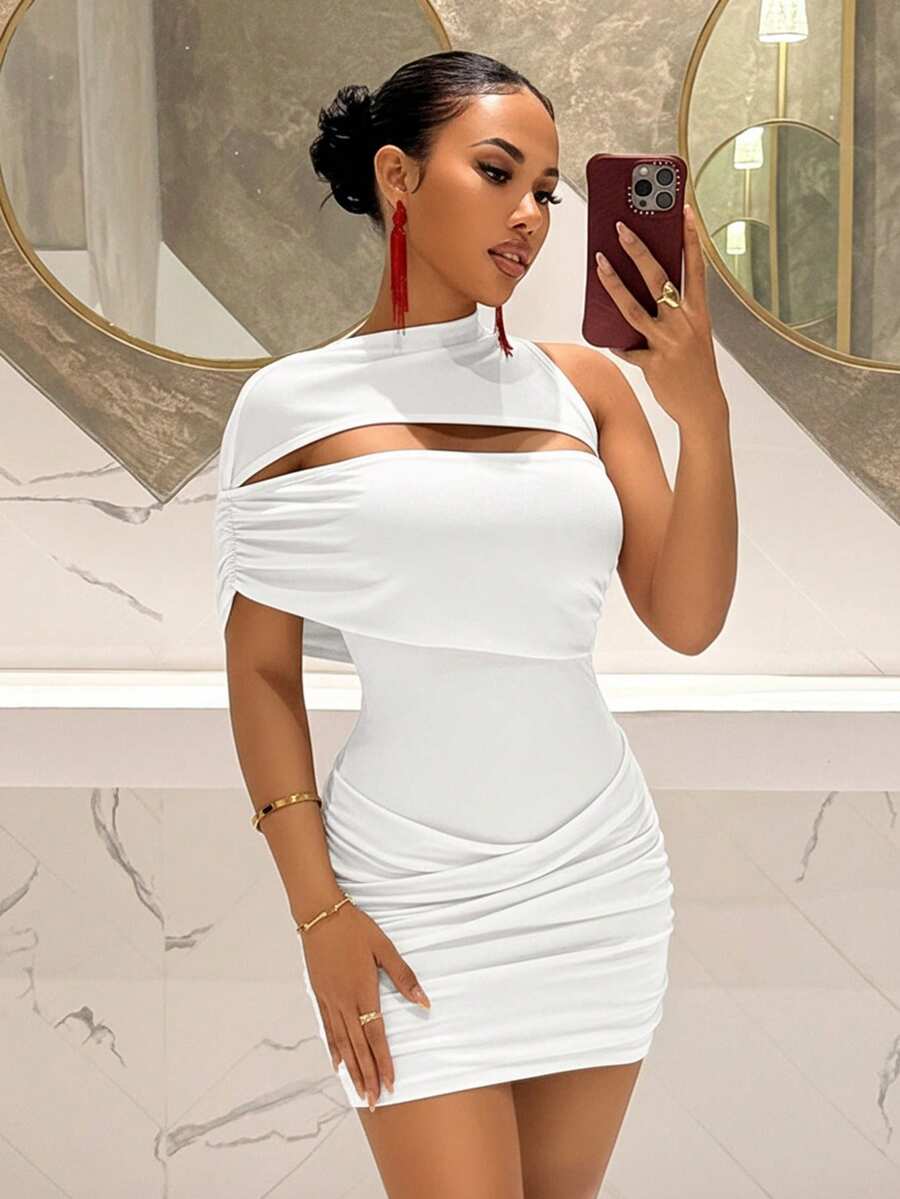 Slaydiva Đầm mini đen khoét rỗng phối lưới mới năm 2025, thích hợp cho tiệc tùng, sinh nhật, quán bar, hộp đêm, Ngày Valentine, Halloween, Giáng sinh. Đầm nữ xếp ly, đầm trắng, đầm lệch vai. - trắng - Xem 1