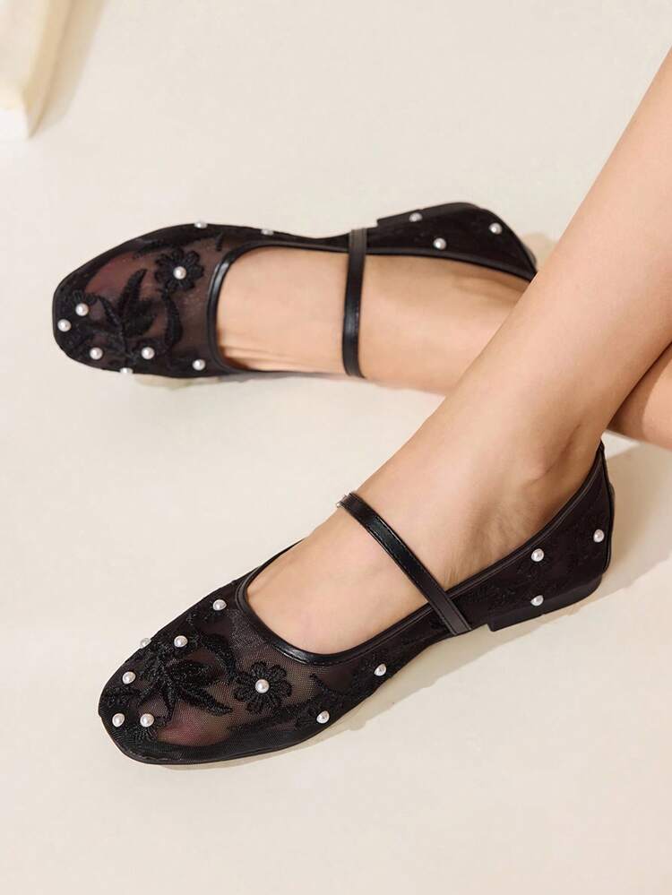 CUCCOO CHICEST Women Shoes Four Seasons New Embroidery Pearl Low Vamp Square Toe Flat Sole Shoes Elegant Elegant Fashion Mesh Women's Flat Shoes Soft Sole Ballet Shoes Elegant Commuter Mary Jane Shoes Wedding Shoes Summer Shoes Bride Shoes