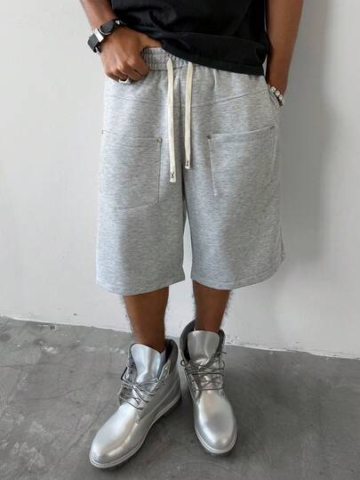 PAVTROS Men's Grey Casual Loose Shorts, Knitted Niche H,Men's Gray Loose Casual Knee Length Shorts With Frayed Hem, Summer And Versatile Shorts, Baggy Oversized Shortsigh Street Brand