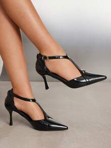 CUCCOO SZL Women's Buckle Design Hollow Lace-Up High Heel Pumps, Suitable For Daily Commute Spring Shoes - Black - View 9